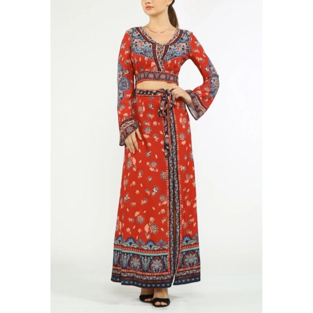 Jealous Tomato Bohemian Maxi Skirt Tie Waist Slit - Picture 9 of 9